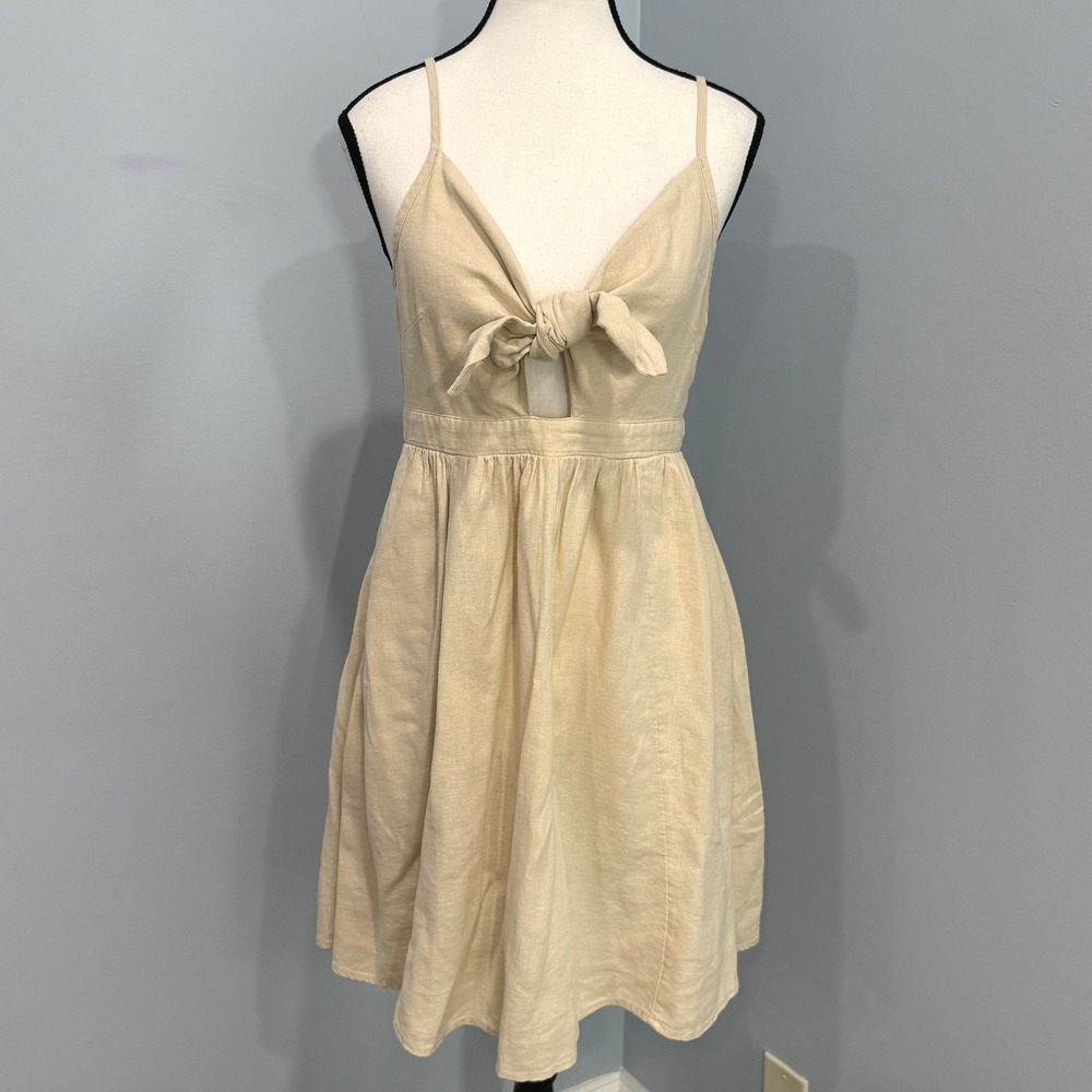NWT Old Navy Womens Tan Linen Blend Tie Front Cami‎ Dress Medium Cottagecore